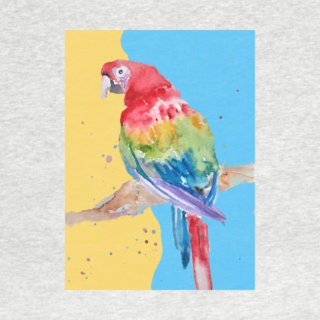 Parrot Watercolor Painting Macaw - on blue and yellow by SarahRajkotwala